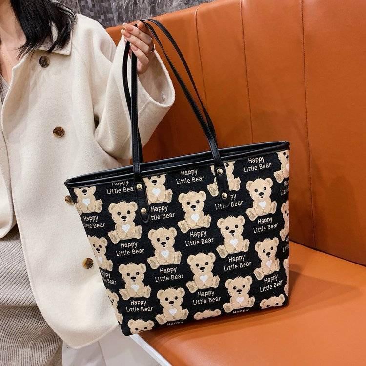 Whimsical Elegance: Cartoon Bear Print Tote Bag with Bag Charm